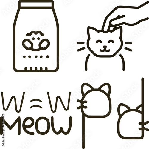 Cute cat icons showing feeding petting and meowing sounds with playful design