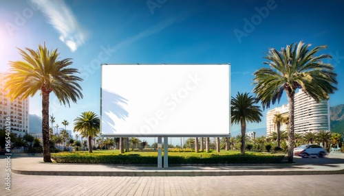 blank white billboard on the street with palm trees