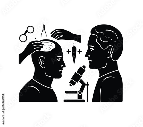 Hair transplant vector in black color with white background.
