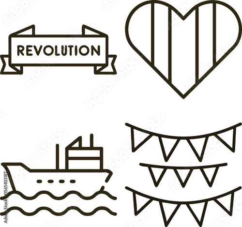 Set of four simple line art icons representing revolution heart ship and bunting flags