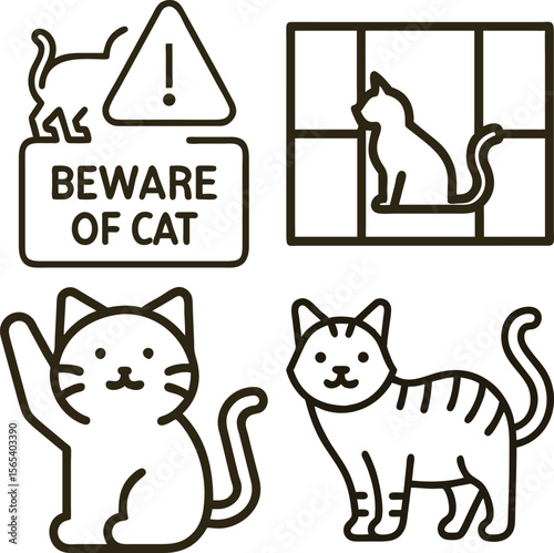 Collection of cute cat icons and a beware of cat warning sign