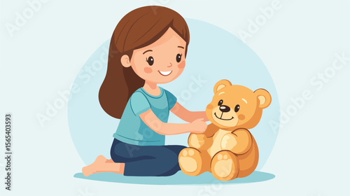 Adorable Cartoon Girl Playing with Cute Teddy Bear in Flat Vector Illustration