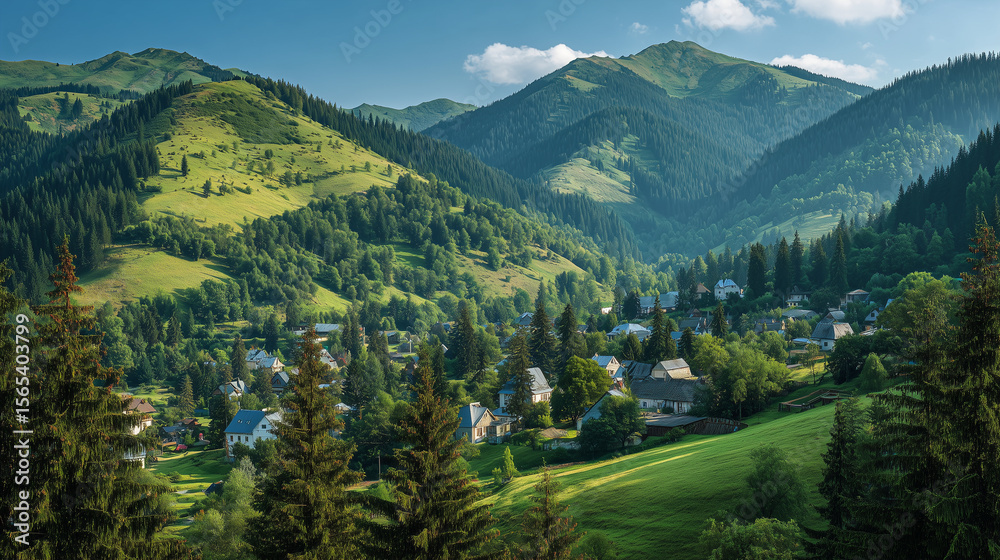 Fototapeta premium Scenic mountain village nestled in lush green hills, pine trees in the foreground, Carpathian-style countryside, peaceful and sunny summer day mountain village, green hills, pine f