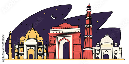 Vector Silhouette of Delhi Featuring Iconic Monuments and Temples – Ideal for Celebrating India’s History and Architectural Landmarks