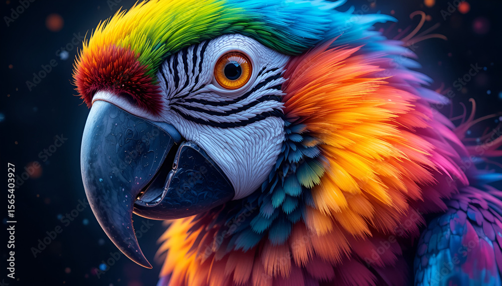 Obraz premium A vibrant macaw parrot displays a dazzling array of rainbow colors, showcasing its exotic plumage and captivating gaze against a dark background.