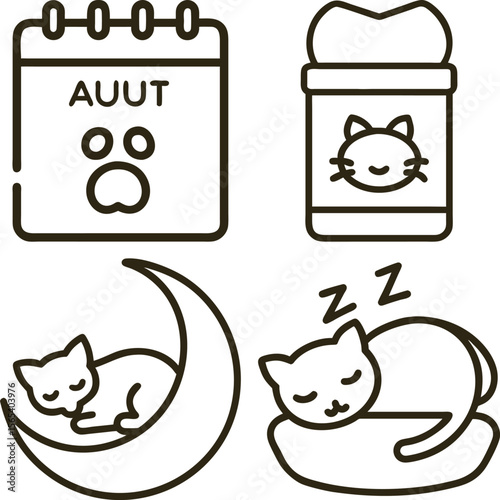 Cute cat icons including sleeping cats on moon and pillow cat food and calendar