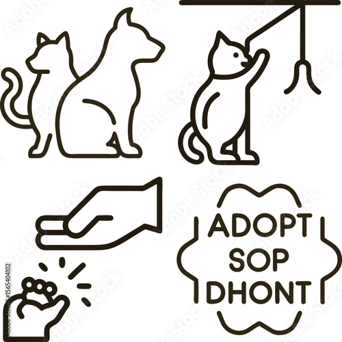 Cute cartoon icons of cats and dogs playing and being adopted