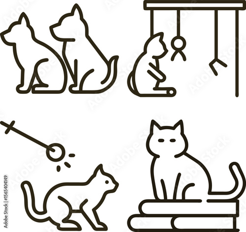 Set of simple line art icons depicting cats and dogs in various poses and activities