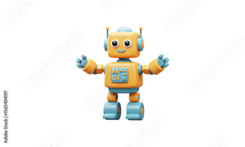 Friendly Robot in Joyful Pose: A cute, modern robot stands in an optimistic posture, offering a warm welcome in a bright, minimalist setting.