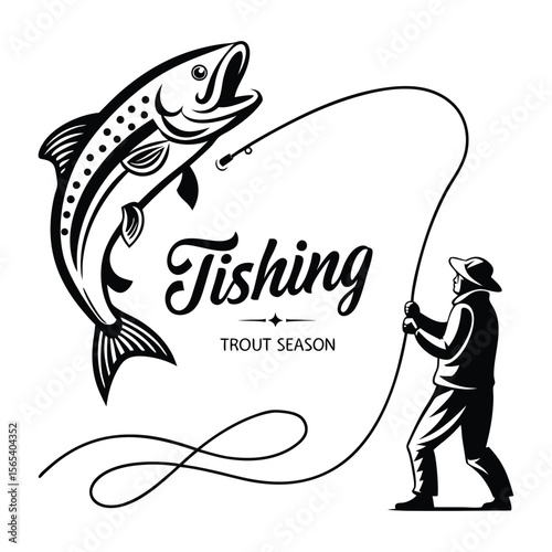 Black silhouette vector illustration of a fisherman on the sea with a fish on the hook