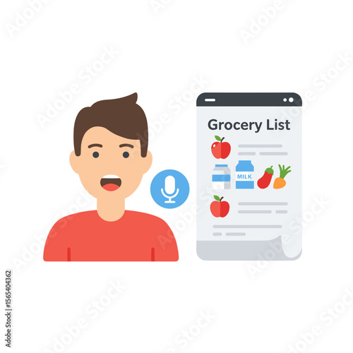 User adding items to grocery list via voice on white background