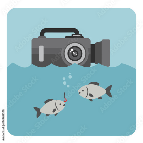 Flat icon of underwater camera filming fish near bait