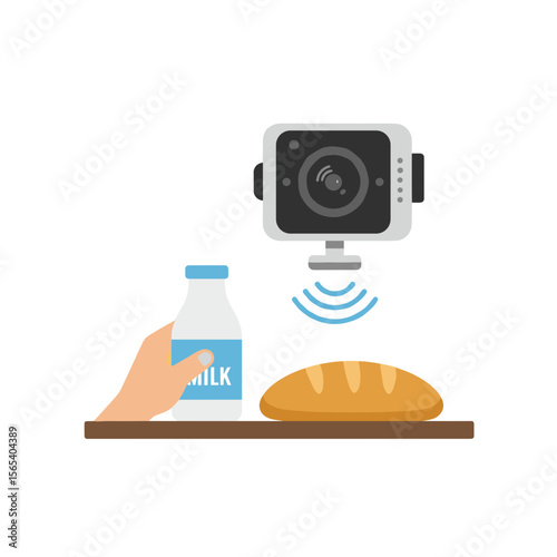 Flat icon of smart camera auto-identifying item in kitchen, isolated