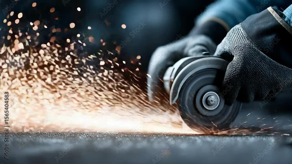 Grinding metal with angle grinder sparks flying in workshop wearing protective gloves intense light close up hands working
