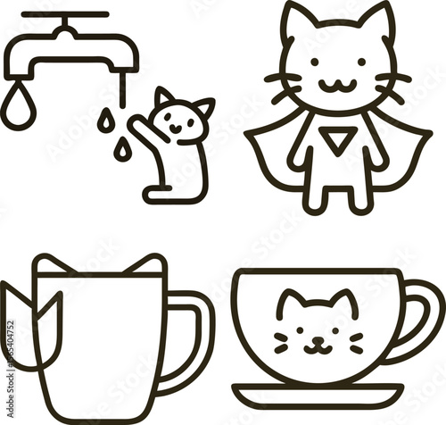 Cute cartoon cat icons for washing superhero mug and coffee cup