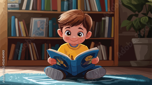 Young boy engrossed in reading comic book