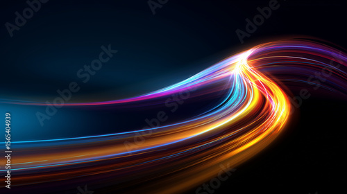 Abstract neon curved lines on dark blue background, glowing energy path, light swoosh effect, motion trail of vibrant colors, modern digital motion flow, speed burst light effect,