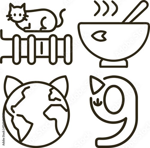 Collection of four simple line art icons featuring a cat on a fence a bowl of soup a cat planet and the number nine