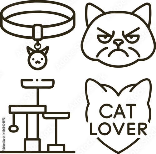 Collection of stylized cat related icons including a collar a grumpy cat face and a cat tree