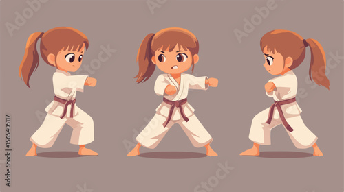 Dynamic Cartoon Little Girl Practicing Karate Vector Illustration