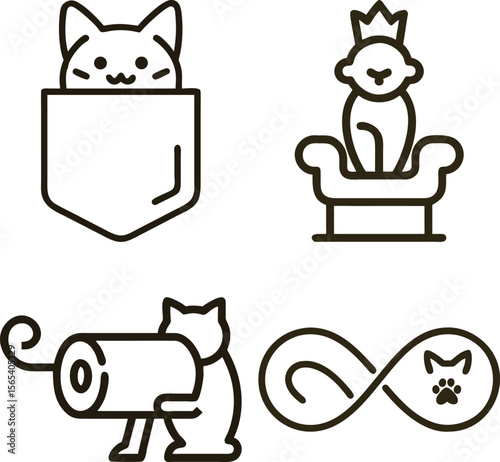 Cute cartoon cat icons showing different activities and symbols