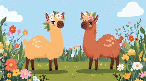 Whimsical Cartoon Llamas and Flowers Flat Vector Illustration