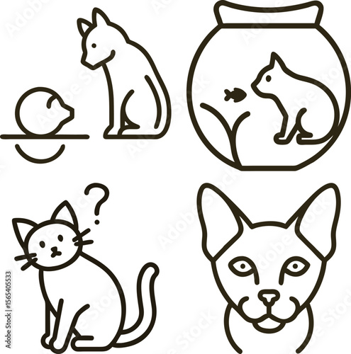 Four simple line art icons depicting different cat scenarios and emotions