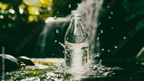 A bottle of water sits beside a flowing waterfall, creating a refreshing and serene image. A glass bottle of water, surrounded by lush greenery, capturing a sense of purity and nature's vitality.
