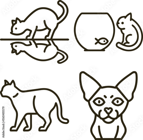Collection of stylized cat icons including a cat on a branch with reflection
