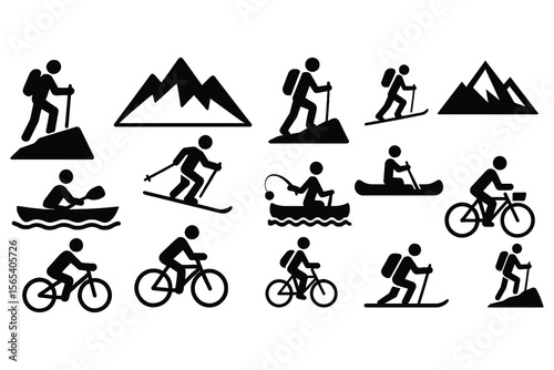 Collection of outdoor adventure sports icons isolated on white background