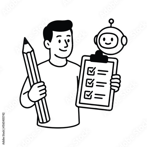 Man holding pencil checklist and robot head representing creativity planning and automation