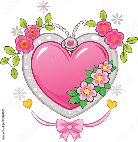Beautiful Heart Locket with Flowers and Ribbon Vector Illustration
