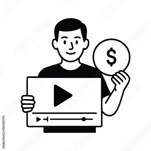 Man holding video player and dollar sign symbolizing video monetization and content income