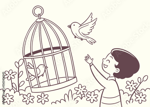 Illustration of a Child Releasing a Bird from a Cage into a Flower Filled Meadow