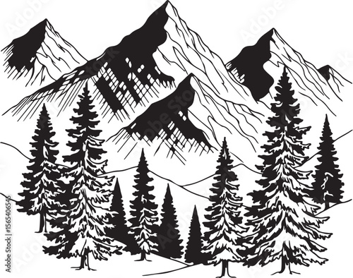 A vector illustration of a house among trees, evoking a winter forest landscape with a festive holiday design