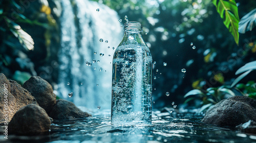 A bottle of water sits beside a flowing waterfall, creating a refreshing and serene image. A glass bottle of water, surrounded by lush greenery, capturing a sense of purity and nature's vitality.