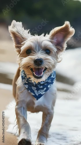 Energetic Small Dog Running on Sandy Beach With Blue Bandana