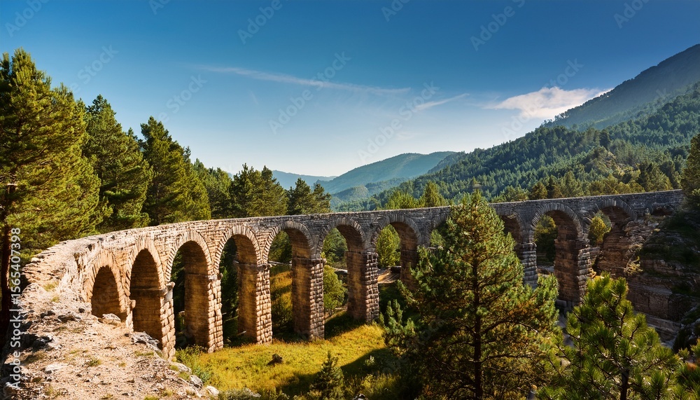 Obraz premium historic stone aqueduct in scenic mountain landscape with pine trees