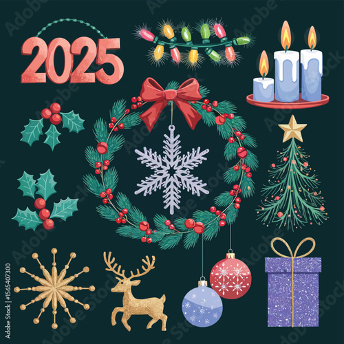 vector Happy New Year Celebrating 2025 in Latin letters , Christmas Decoration Items Santa Claus
