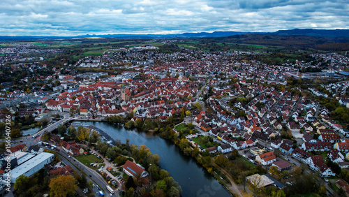 Fototapeta Naklejka Na Ścianę i Meble -  Aerial view of the old town of the city Nürtingen
 in Germany on a sunny afternoon in autumn