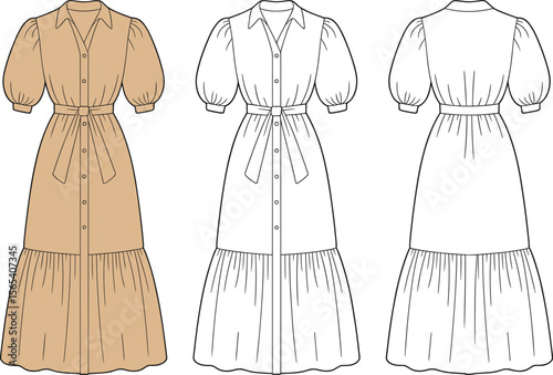 Women's Stylish Shirt Dress with Puff Sleeves, Button Front Closure, Tie Waist Belt, Tiered Ruffle Hem, Fashion Apparel Design Vector.