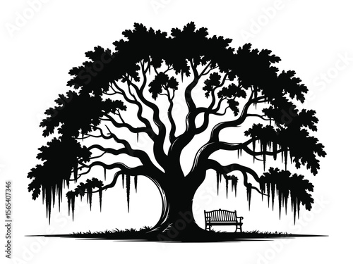 A black and white silhouette illustration of a large oak tree with hanging Spanish moss