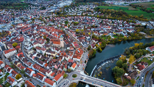 Fototapeta Naklejka Na Ścianę i Meble -  Aerial view of the old town of the city Nürtingen
 in Germany on a sunny afternoon in autumn