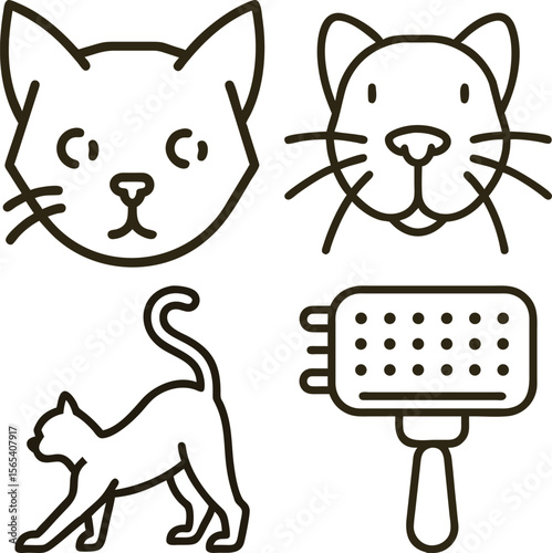 Simple line art icons of cat faces stretching cat and grooming brush