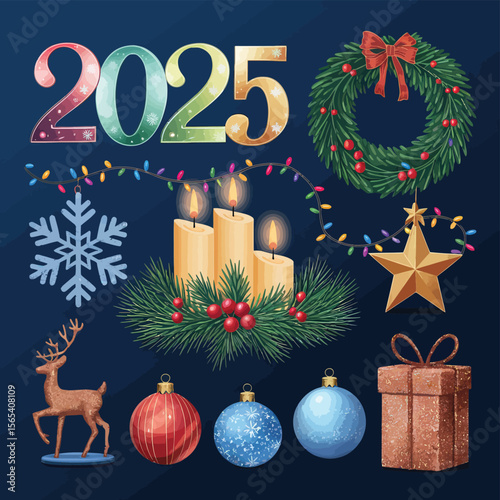 vector Happy New Year Celebrating 2025 in Latin letters , Christmas Decoration Items Santa Claus