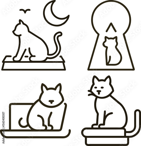 Four simple line art icons featuring cats in different scenarios and settings