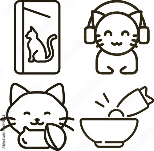 Cute cartoon cat icons showing different activities and emotions in a simple line art style