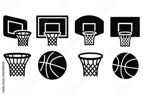 Collection of basketball hoops and balls icons isolated on white background