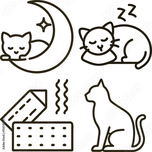 Cute line art icons of cats sleeping on moon and pillow with cat litter box