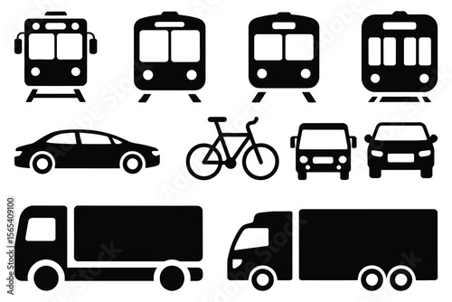 Collection of various transportation vehicles and modes of transport isolated on white background
